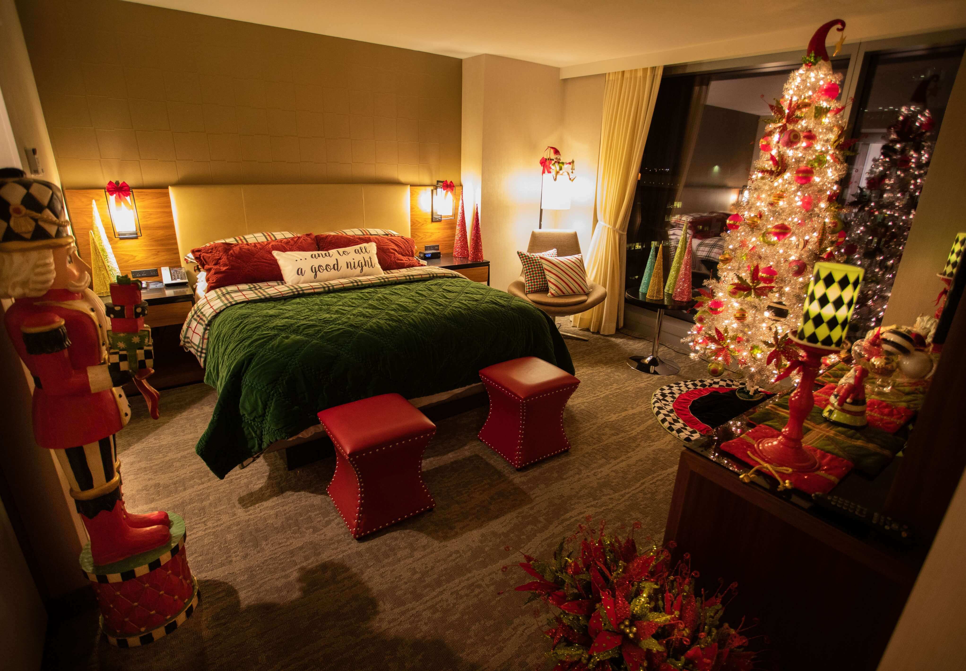 Enjoy a festive sleep, when you spend the night in the Mr. Kringle Suite at the Hilton Cleveland Downtown.