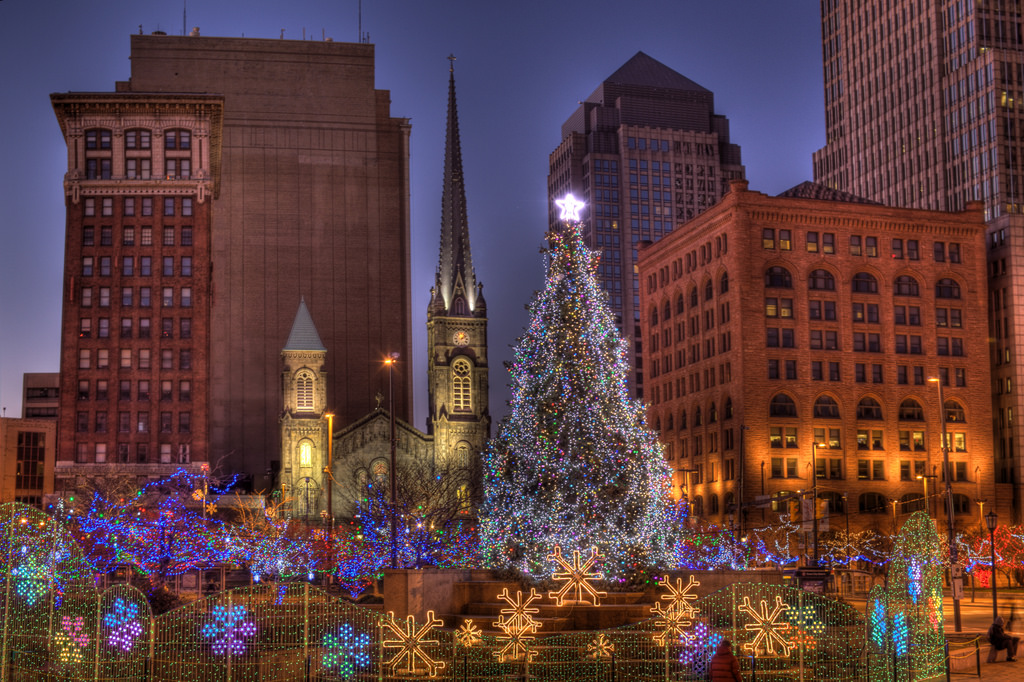 Downtown Cleveland lit up during the holiday season